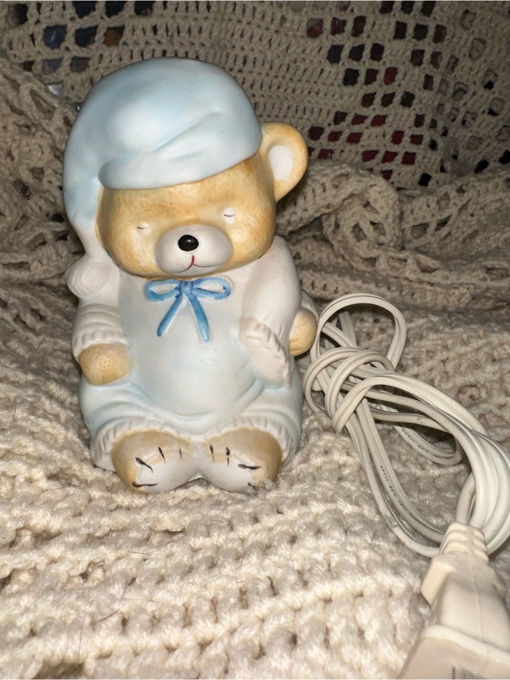 Blue Ceramic Bear Night Lamp with Sleep Cap